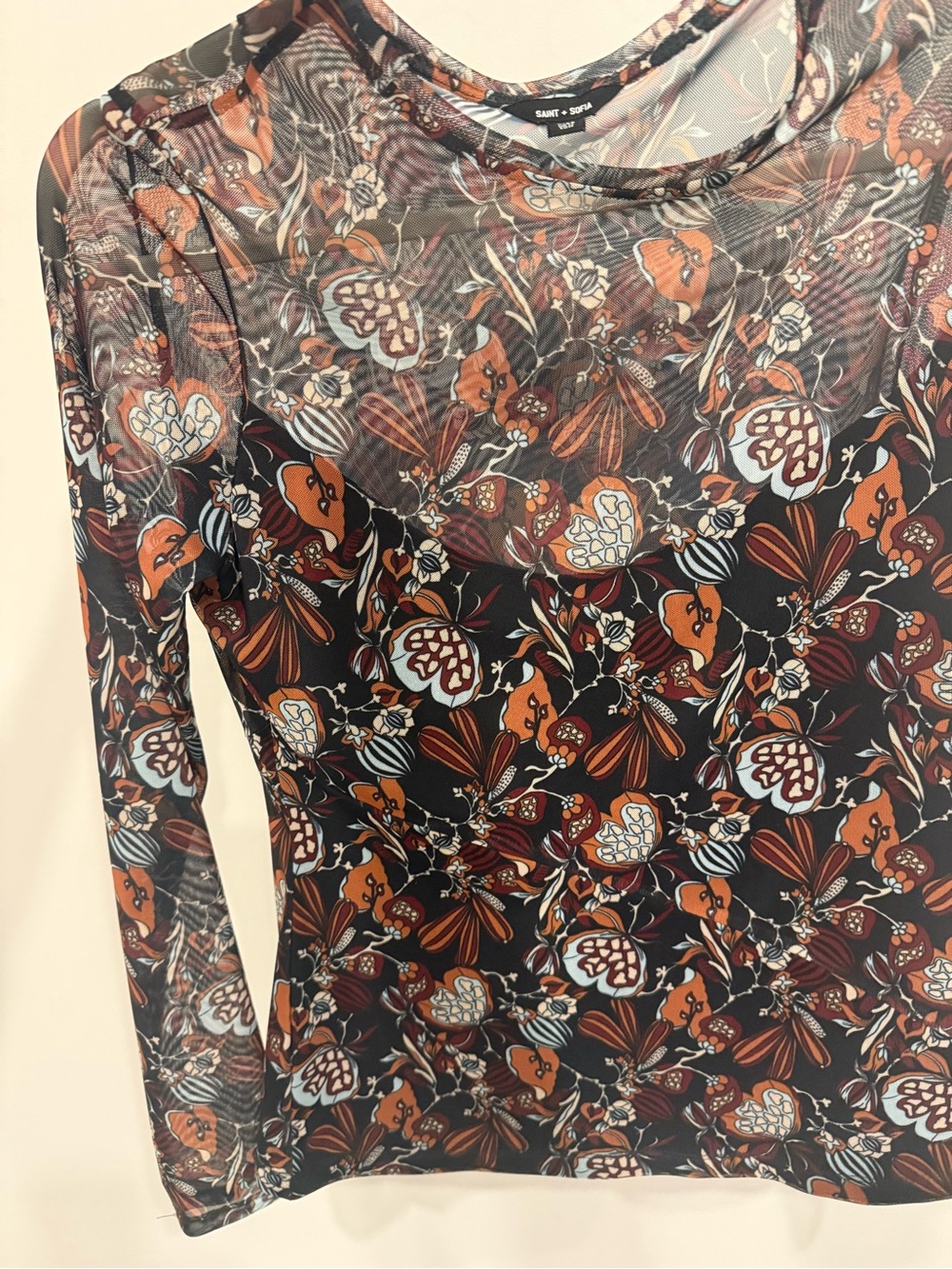 Saint + Sofia Floral Mesh Sheer Long Sleeve Top | US Size 8 | London Designer